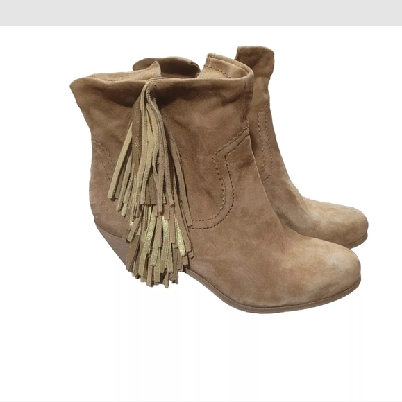 Sam Edelman Louie Western Boot Caramel Brown Suede Fringe US Size 9 Block Heel - Picture 3 of 12
